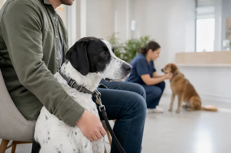 Ein Französischer Weiß-Schwarzer Laufhund sitzt ruhig neben seinem Besitzer im hellen Wartezimmer einer modernen Tierarztpraxis.